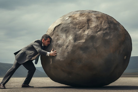 Businessman Struggling to Push Massive Stone Up a Hillの素材