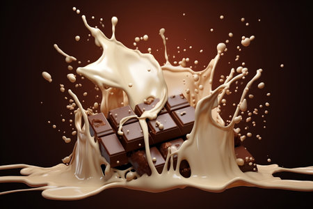Chocolate Chunks Descending into a Pool of Chocolate Sauce and Milkの素材