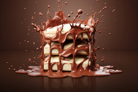 Chocolate Pieces Cascading into Chocolate Sauce and Milkの素材