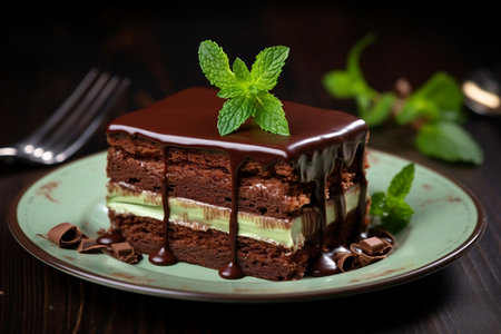 Fresh Mint Accentuates Chocolate Cake.の素材