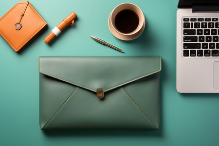 Modern Workspace with Laptop Coffee Cup and Pencil.の素材