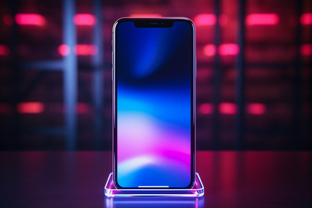 Cyber Workspace Phone Suspended Over Glass Desk Illuminated by Neon.の素材