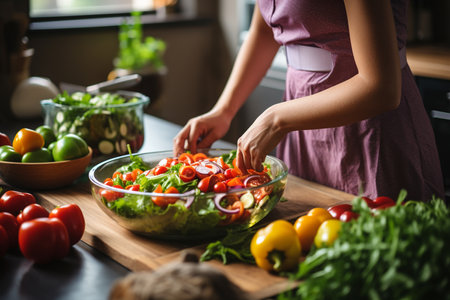 Attractive youth readies vegetable salad.の素材