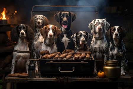 Dogs gathered around a grill.の素材