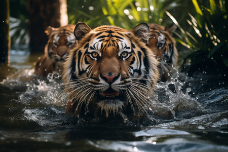Wildlife photograph Bengal tigers at the river.の素材