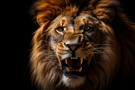 Fierce lion displaying an open-mouthed, enraged expression.の素材