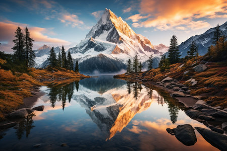 A serene autumn sunset reflects on the majestic mountain peak.の素材