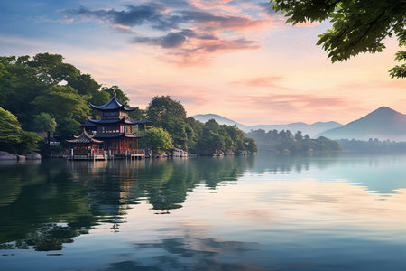 A panoramic perspective of West Lake s landscape.の素材