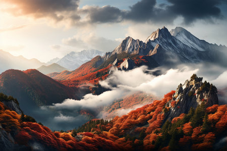 Picturesque Autumn Mountains with Red Beech Forest.の素材