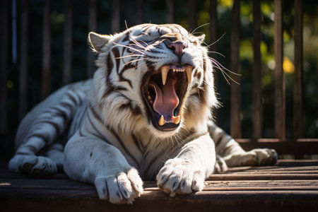 White Male Tiger Caught in a Yawn at the Zoo.の素材