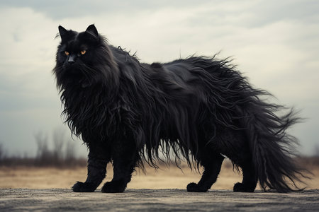 Side View of a Walking Evil Fluffy Furry Black Cat.の素材