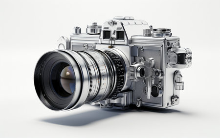 Film Digital Camera with Silver Color Isolated on White Background.の素材