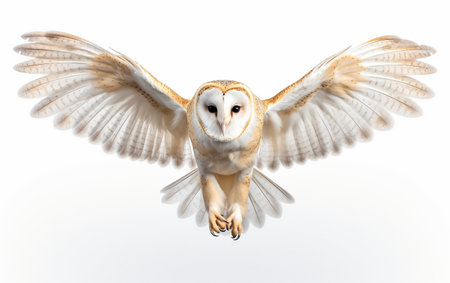 Graceful Barn Owl Bird is Flying Isolated on White Background.の素材