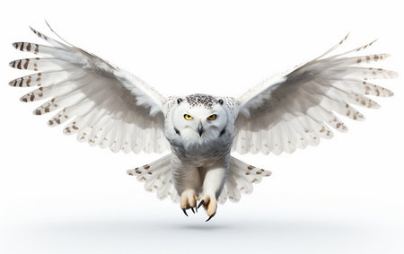Stunning Snowy Owl White Bird is Flying Isolated on White Backgroundの素材