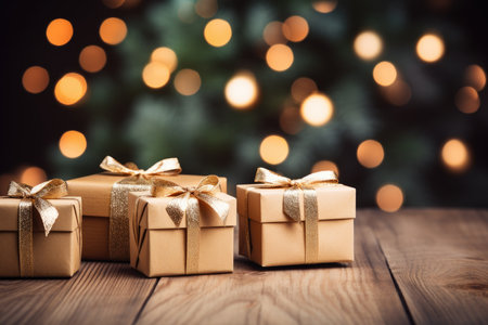 Christmas Gifts on Wooden Surface Generative AIの素材
