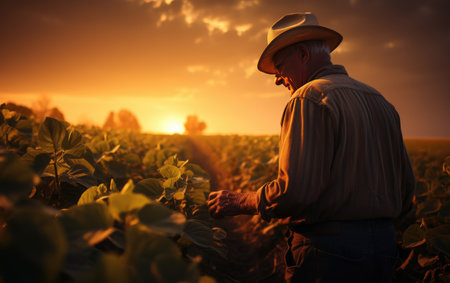 In the Warm Golden Evening a Senior Farmer Visits Cropsの素材