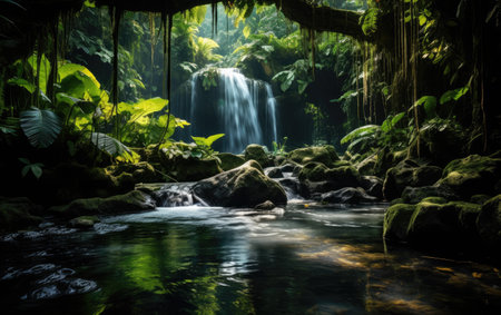 Forest Elegance A Majestic Waterfall Amidst Lush Greeneryの素材
