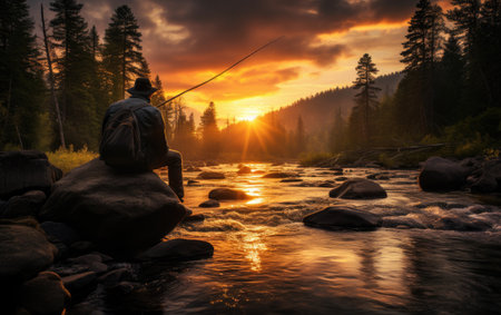 Riverside Relaxation A Man Fishing by the Pristine Riverの素材