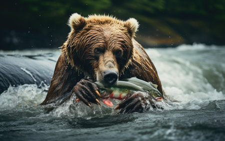 Majestic Brown Bear Fishing for Salmon - Stock Photo..の素材