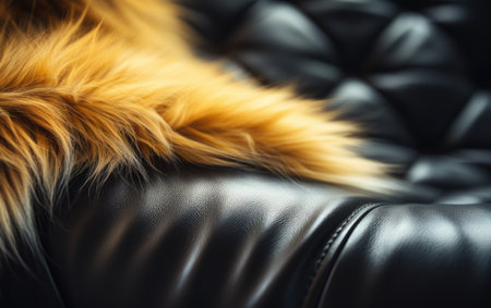 Close-Up of Pet Hair on Black Sofa..の素材