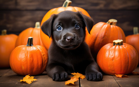 Adorable Labrador Puppy with Halloween Pumpkin..の素材