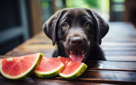 Happy Labrador Devouring Watermelon Slice.の素材