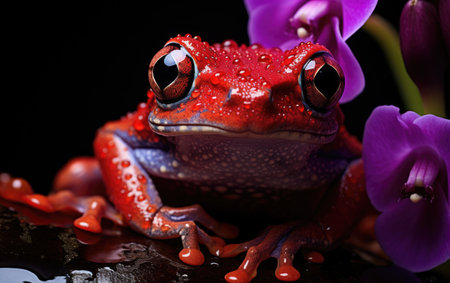 Red Frog Resting on Orchid Petals.の素材