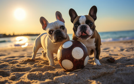 Athletic French Bulldogs in Fetch Action.の素材