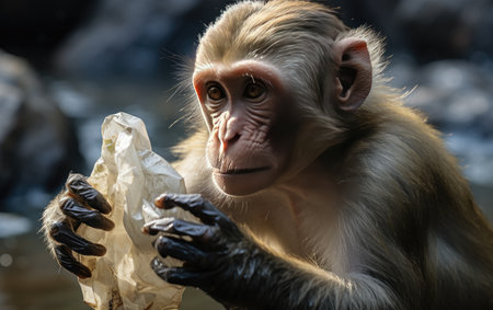 Monkey Foraging from a Plastic Bag.の素材