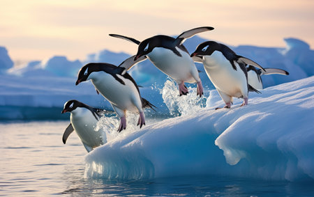 Stock Photo of Adelie Penguins Leaping from Iceberg.の素材