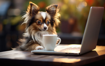 Working Dog on a Silver Laptop in Stock.の素材