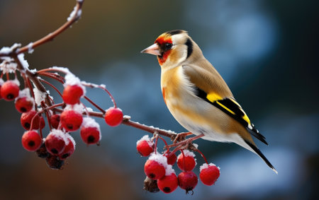 Charming European Goldfinch Amidst Frozen Rose Hips.の素材