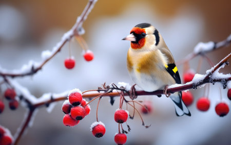 European Goldfinch Perched Near Frozen Red Rose Hips.の素材