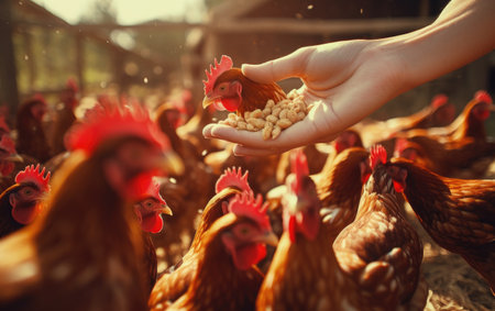 Female Hands Feeding Red Hens Grain.の素材
