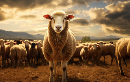 Sheep and Cattle Grazing Together.の素材