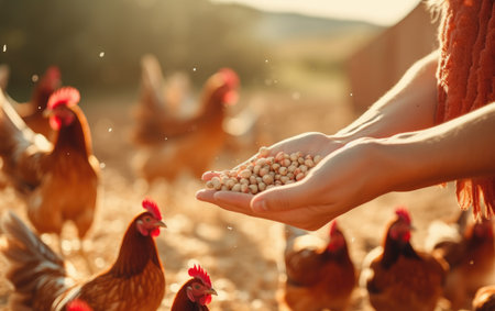 POV of Woman Tending to Red Hens.の素材