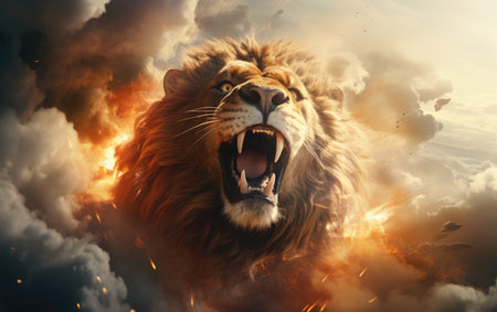 Exhilarating Rocket Ride Lion Soaring Through the Sky with Majestyの素材