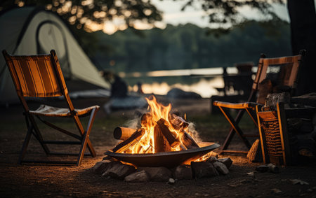 Enjoying a Beautiful Bonfire with Burning Firewood Near Chairs with Generative AIの素材