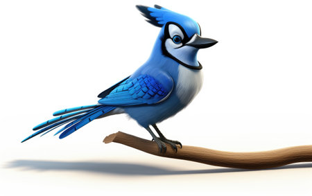 Attractive Blue Jay Bird Sitting on Branch of Tree render 3D Cartoon Isolated on White Backgroundの素材