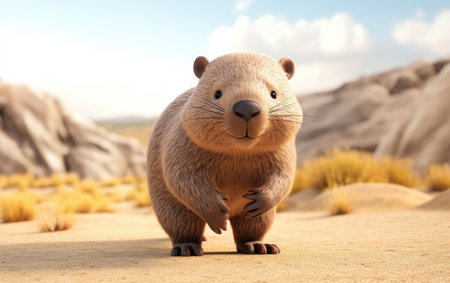 Standing Stunning Wombat 3D Cartoon Render Isolated on White Backgroundの素材