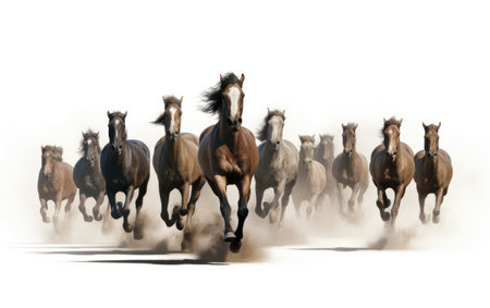 Cute Different Horses Herd Running Gallop With Dust Animals Isolated on White Backgroundの素材