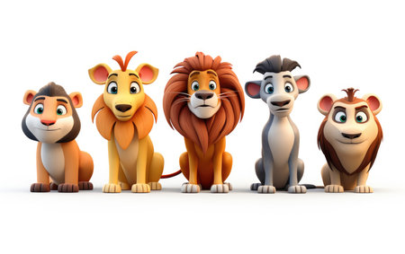 Standing Lion Peacock Mantis Kangaroo Warthog 3D Cartoon Animals Isolated on White Backgroundの素材