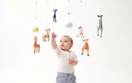 Standing Baby Reaching For Hanging Toys Closeup Isolated on White Backgroundの素材
