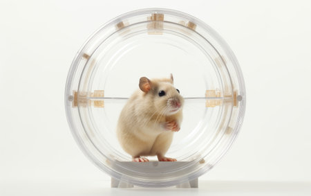 Hamster Wheel Rabbit on a White Table Isolated on White Backgroundの素材