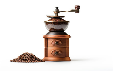 Coffee Grinder on a Table with Beans Isolated on White Backgroundの素材