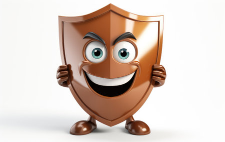 Cybersecurity Shield Showing Big eyes 3D Character Isolated on White Backgroundの素材