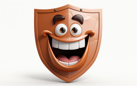 Cybersecurity Shield Showing Big Teeth 3D Character Isolated on White Backgroundの素材