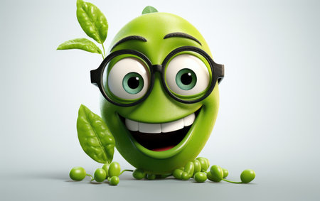 Green Peas Plant with Leaves Wearing Glasses 3D Character Isolated on White Backgroundの素材