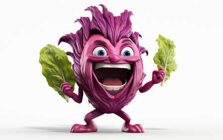 Crazy Fresh Purple Radicchio Vegetable 3D Character Isolated on White Backgroundの素材