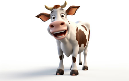 Stunning Cute Cow is Standing 3D Cartoon Isolated on White Backgroundの素材